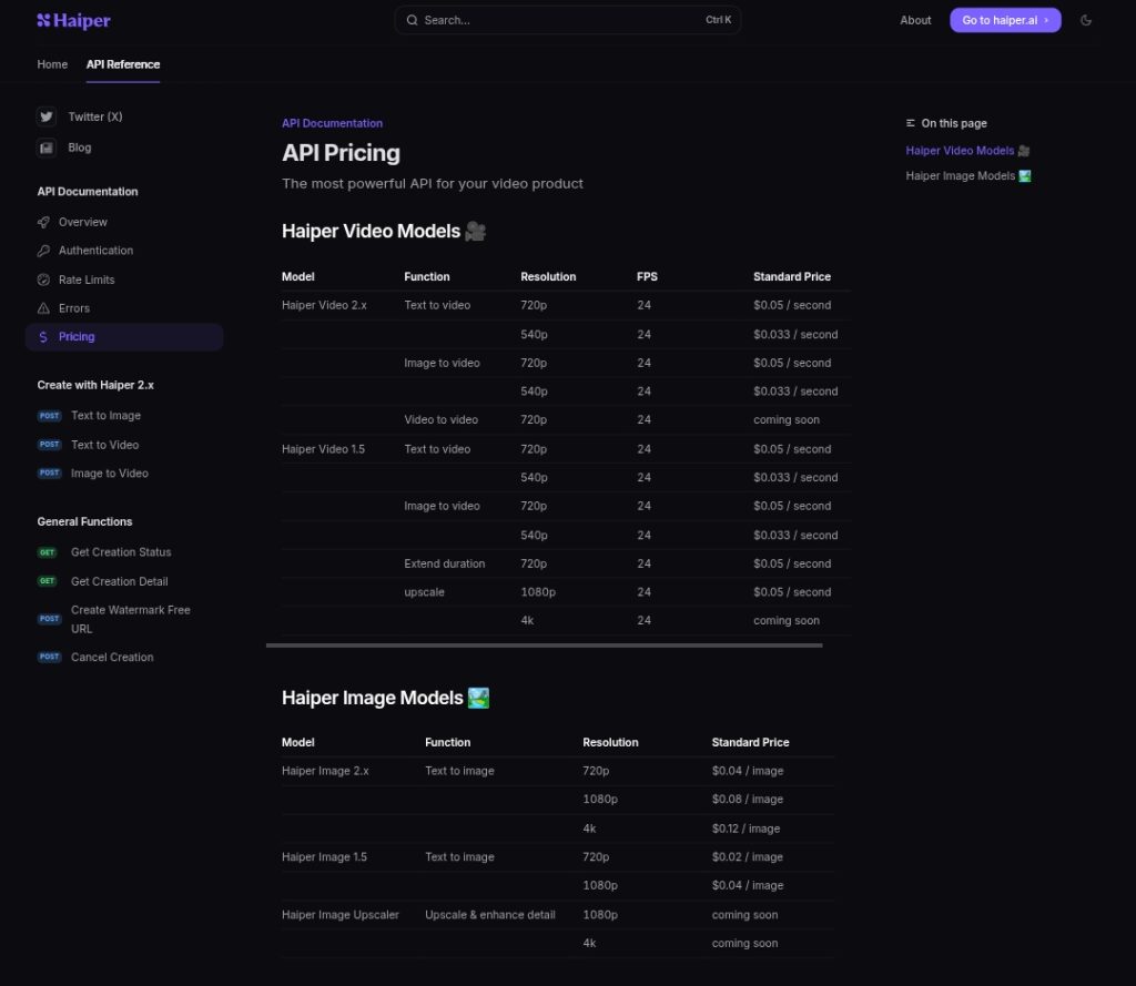 Haiper AI API Pricing